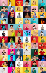 Obraz na płótnie Canvas Collage of faces of 45 emotional people on multicolored backgrounds. Expressive male and female models, multiethnic. Human emotions, facial expression concept. Cheerful, winner, kindly, successful