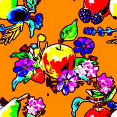 Obraz na płótnie Canvas botanical floral seamless pattern with fruits and berries