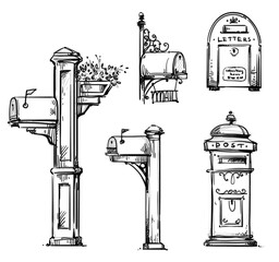 Set of vintage mailboxes, post mounted mailbox vector sketch.