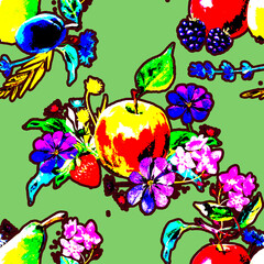 Obraz na płótnie Canvas floral botanical seamless pattern with apples and flowers