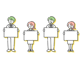 ボードを持つビジネススーツを着た男女（全身）