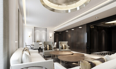 Modern Cozy home interior mock-up living and dining room space, Cozy tea table and decor in dark living room, 3d render 