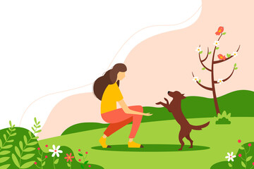Woman playing with a dog in the Park. Concept illustration of outdoor recreation. Spring vector illustration in flat style.