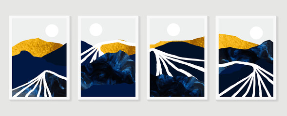 Goldgebirgshintergrundvektor. Landschaftskunst der Mitte des Jahrhunderts mit Sonne und Mond, Meer und Ozean. Modernes zeitgenössisches Kunstdesign für Acryl-Leinwände, Digitaldrucke, Tapeten, Poster, Metallplakatdrucke © TWINS DESIGN STUDIO
