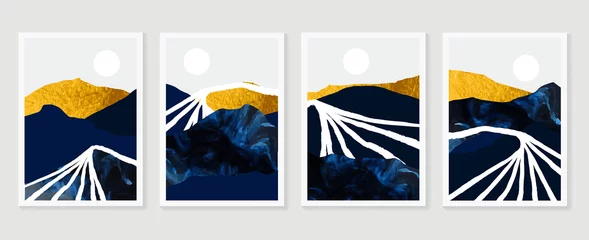 Goldgebirgshintergrundvektor. Landschaftskunst der Mitte des Jahrhunderts mit Sonne und Mond, Meer und Ozean. Modernes zeitgenössisches Kunstdesign für Acryl-Leinwände, Digitaldrucke, Tapeten, Poster, Metallplakatdrucke © TWINS DESIGN STUDIO