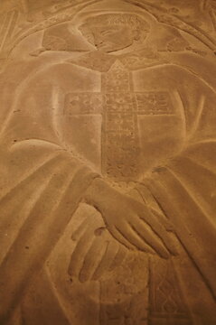 Tomb slab of the priest lando di gianni da montevettolini in the crypt of Santa Reparata in Florence, Italy