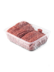 minced raw meat in clean transparent recycled plastic pack side view on a white background isolated closeup. Selective focus