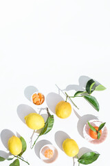 Summer sunny still life with citrus fruits manadrines and lemons and bright sunlight, free space for graphic design 