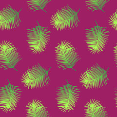 Vector seamless pattern with green leaves. Exotic palm tree, green color with gradient. Background for clothes, web and design. Ecology theme. Summer illustration. Print for greeting cards, gift wrap