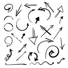 set of black hand-drawn arrows isolated on a white background. Vector illustration. Doodles