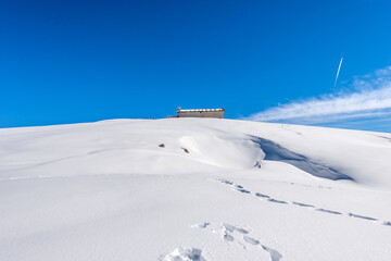 Fototapeta na wymiar Old farmhouse on the Lessinia Plateau in winter with snow. (Altopiano della Lessinia), Regional Natural Park, Malga Gaibana near Malga San Giorgio ski resort, Verona Province, Veneto, Italy, Europe.
