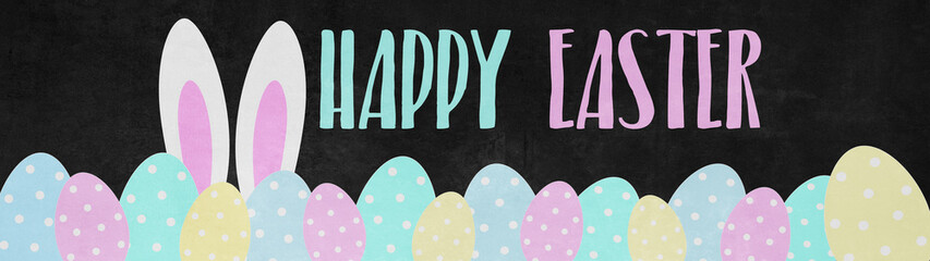 Easter background panorama banner greeting card - Many colorful pastel painted easter eggs and easter bunny ears isolated on black blackboard texture