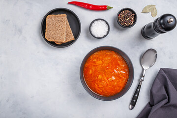 Traditional ukrainian russian soup (borscht) with bread and sour cream