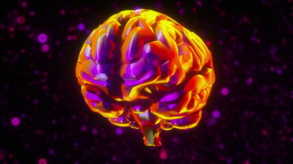 Computer generated artificial intelligence. 3d rendering of the iridescent brain against the background of neon blurred particles