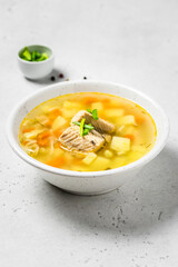 Fish soup, ukha in a bowl. Space for text.