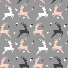 Vector seamless pattern with deer and triangles. Background for wallpaper, packagings, postcard, birthday, textiles, paper, holiday.