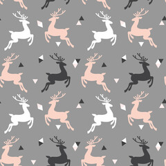 Vector seamless pattern with deer and triangles. Background for wallpaper, packagings, postcard, birthday, textiles, paper, holiday.