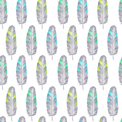 Seamless pattern with hand drawn feathers, colored pencils illustration