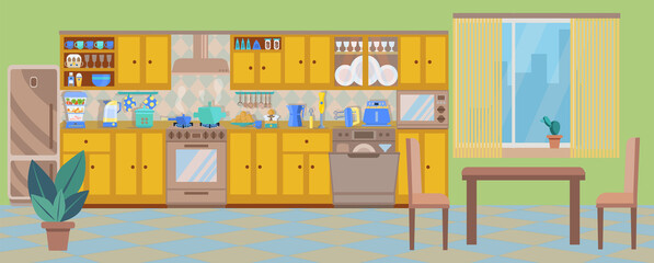 Cozy interior of a long kitchen with a dining area and a window. Kitchen is equipped with a stove, a microwave, a table with chairs, a refrigerator, a dishwasher, a steamer. Vector. Flat style.