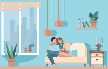 Cozy living room. A young couple gently cuddle on the couch and watch a movie on their laptop. concept of a happy family life. Cute interior with characters. Vector illustration in a flat style.