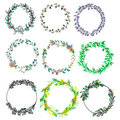 A set of nine wreaths of different densities and different colors. Colors: green, blue, peach. Wreaths with various flowers and berries. Watercolour technique.