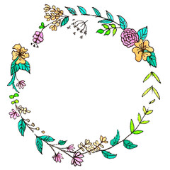 A beautiful wreath of leaves and flowers. Materials: liner and watercolor. Colors: Pink, green and blue.