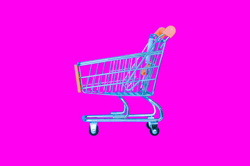 Basket on a bright background. Minimal creative style. Sales, discount and shopping concept. Empty shopping cart