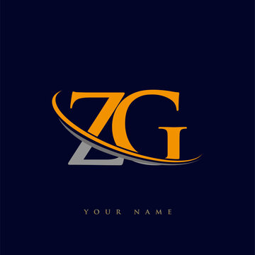 initial letter ZG logotype company name yellow and grey swoosh design. isolated on dark background.