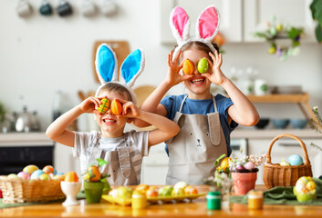 Happy easter! funny children   with ears hare playing and getting ready for  holiday - 416014861