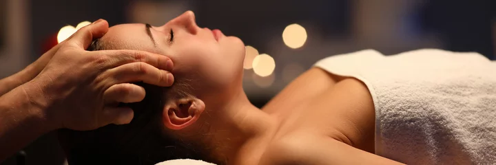 Poster Woman lay on couch on her back with closed eyes and enjoy. Man make relaxing and therapeutic head massage at weight. Spa client has thrown her head back and rejuvenate. Wellness procedures in spa © H_Ko