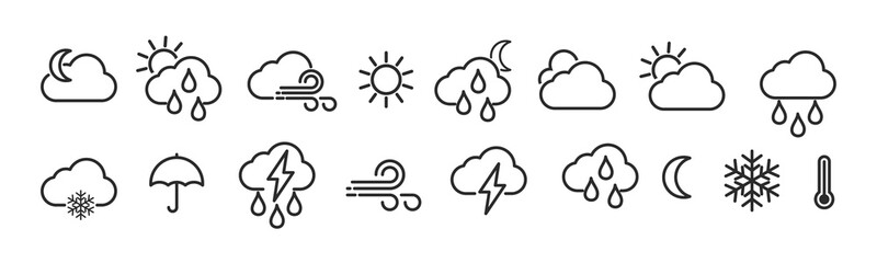 Weather icons set in line style, Weather isolated on white background. Clouds logo and sign, vector illustration