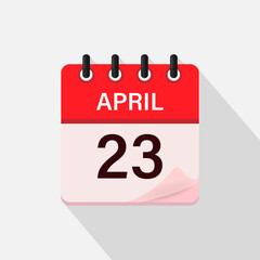 April 23, Calendar icon with shadow. Day, month. Flat vector illustration.