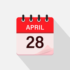 April 28, Calendar icon with shadow. Day, month. Flat vector illustration.
