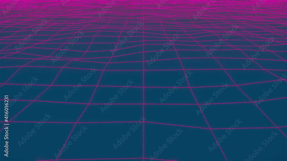Poster wavy neon grid, computer generated. 3d rendering backdrop of retro style