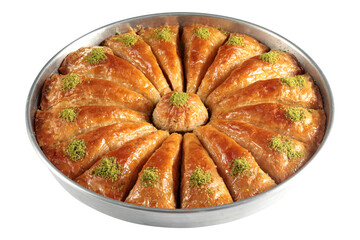 Traditional Turkish dessert Baklava with pistachios on a tray