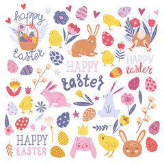 Happy Easter cartoon set. Vector cute characters and design elements: eggs, bunny, rabbits, chickens, spring flowers, basket, heart, stars and lettering. Hand drawn doodle illustration