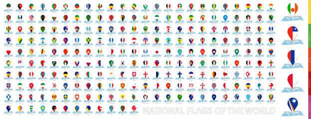Maps of the world with pin flags of 228 countries.