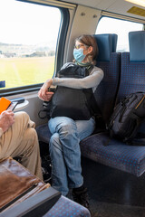 woman with face mask on a train in Switzerland during the corona virus pandemic