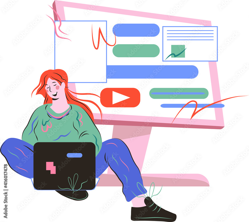 Wall mural young woman developer or programmer, seo manager working at laptop next to huge computer screen. mob