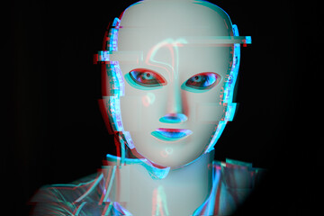 Portrait of futuristic robot. Image with glitch effect.