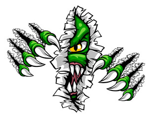 A monster, animal or dinosaur with talons or claws tearing a rip through the background wall