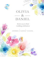 Watercolor wedding invitation background with  flowers 