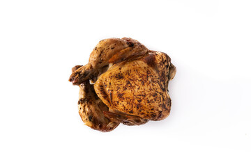 Homemade roasted chicken isolated on white background