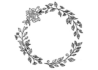 Spring wreath of olive branches with olives. The technique silhouette. The color is black.