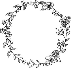 Spring wreath of olive branches with olives. The technique silhouette. The color is black.
