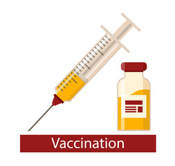 Icon of a disposable syringe with an injection, a Bottle with a liquid vaccine. concept of vaccination, injection. vector illustration in flat style, isolated.