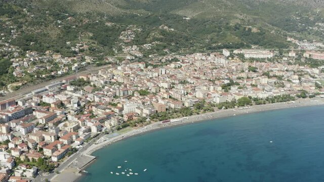 Aerial view of the Sapri city and waterfront, in Italy.
