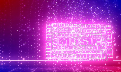 Main music genres clouds list thin line tags. 3D rendering. Neon shine