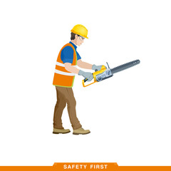 Works as a saw. Worker, builder works with a construction tool. Vector illustration of a man constructor with instruments in his hands
