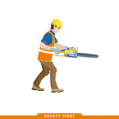 Works as a saw. Worker, builder works with a construction tool. Vector illustration of a man constructor with instruments in his hands